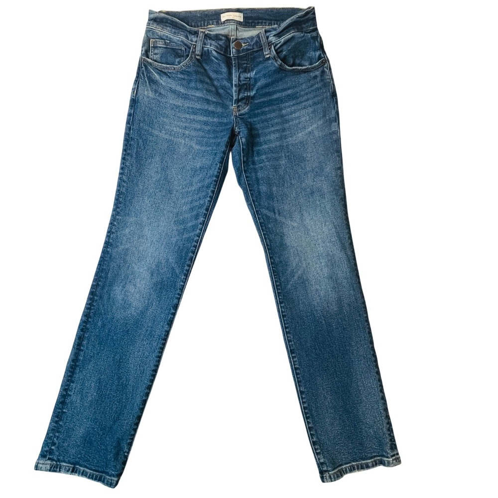 Oliver Logan Straight Leg Jeans Blue Denim Button Fly Mid Rise Whiskered Wash